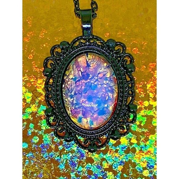 Opalescent Fire White Opal Black Enamel Necklace - Picture 4 of 9